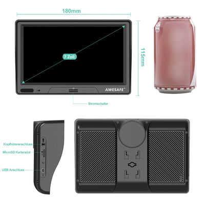AWESAFE 7-Zoll-Navigationsgerät für das Auto – Touchscreen, FM-Transmitter, Sonnenblende, aktuelles Kartenmaterial für 2025 AWESAFE