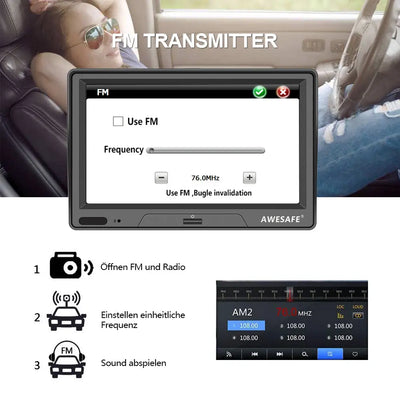 AWESAFE 7-Zoll-Navigationsgerät für das Auto – Touchscreen, FM-Transmitter, Sonnenblende, aktuelles Kartenmaterial für 2025 AWESAFE