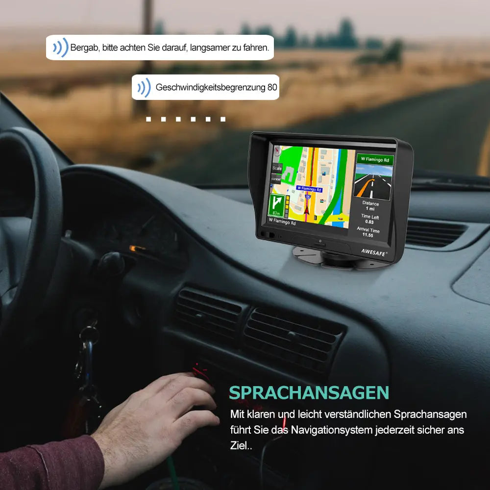 AWESAFE 7-Zoll-Navigationsgerät für das Auto – Touchscreen, FM-Transmitter, Sonnenblende, aktuelles Kartenmaterial für 2025 AWESAFE