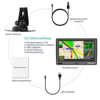 AWESAFE 7-Zoll-Navigationsgerät für das Auto – Touchscreen, FM-Transmitter, Sonnenblende, aktuelles Kartenmaterial für 2025 AWESAFE