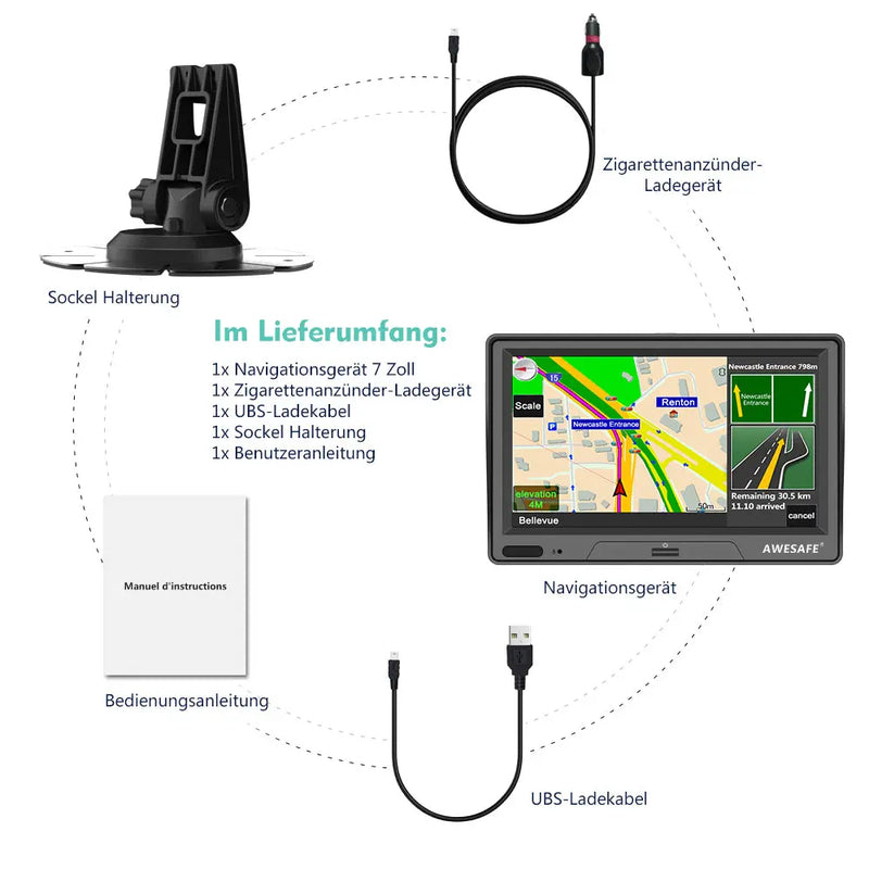 AWESAFE 7-Zoll-Navigationsgerät für das Auto – Touchscreen, FM-Transmitter, Sonnenblende, aktuelles Kartenmaterial für 2025 AWESAFE