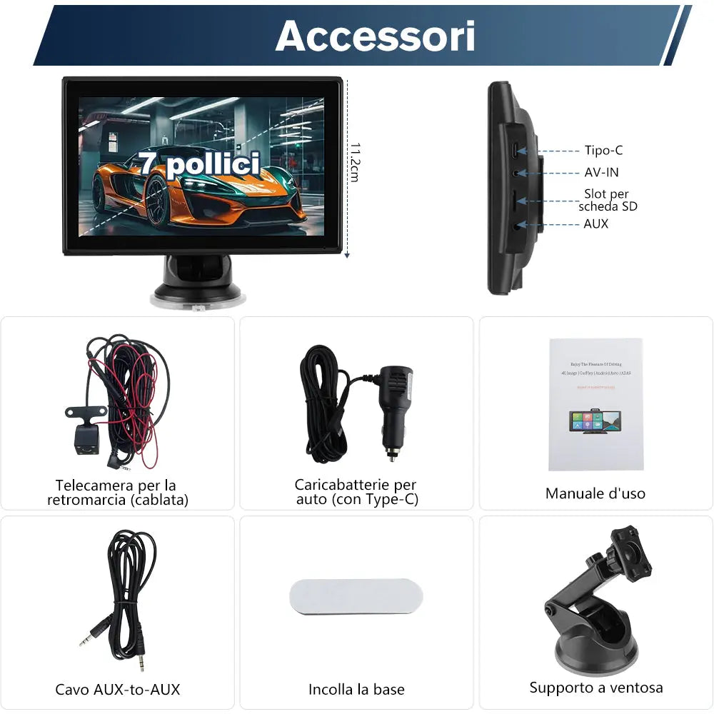 AWESAFE 7 pollici Portatile CarPlay Auto con Telecamera per la retromarcia - FM, AUX, Bluetooth 5.0,Wireless Carplay & Android Auto- con 7-32V Auto/Camion AWESAFE