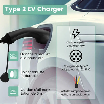AWESAFE 7kW Borne de Recharge Voiture Electrique 8-10-13-16-20-24-32A ，6M Câble Chargeur Monophasé IEC 62196-2, Connectivité Bluetooth et WiFi Portable EV Chargeur AWESAFE