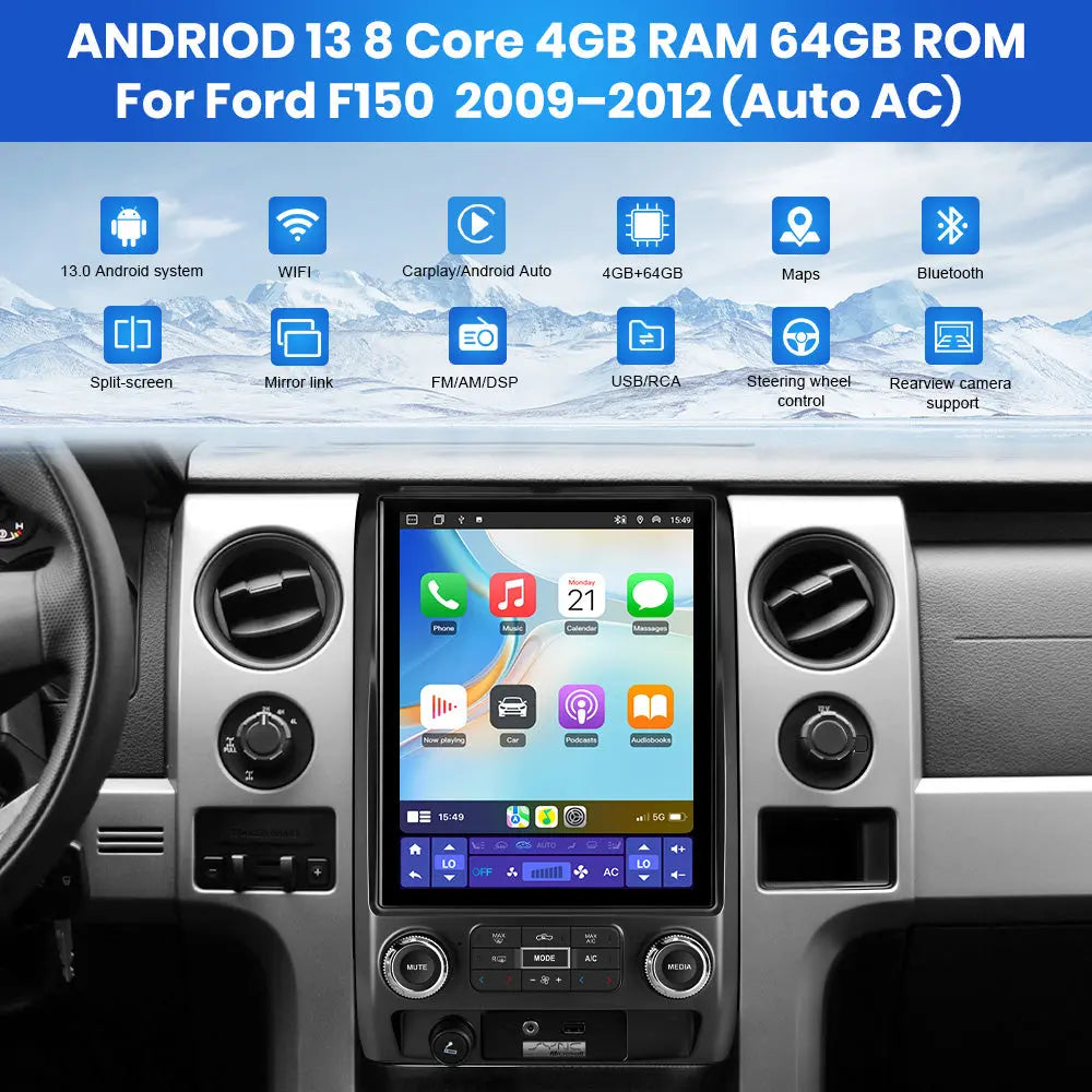 AWESAFE 8-Core 4GB+64GB Car Radio Stereo for Ford F150 2009-2012, Android 13 12.1 Inch T-StyleTouch Screen Stereo, Wireless Apple CarPlay & Android Auto, GPS, WiFi, Bluetooth, DSP, Backup Camera AWESAFE
