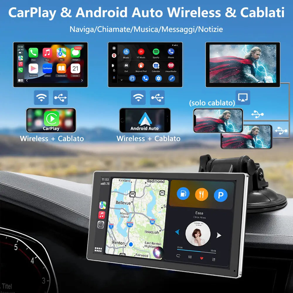 AWESAFE 9 Pollici Autoradio Wireless CarPlay Android Auto con Siri Bluetooth GPS AUX-Argento/Nero AWESAFE