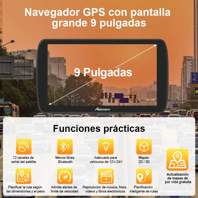 AWESAFE 9 Pulgadas Navegador GPS para Camiones y Coches, con Bluetooth y Actualizaciones de Mapas de Europa para Toda la Vida AWESAFE