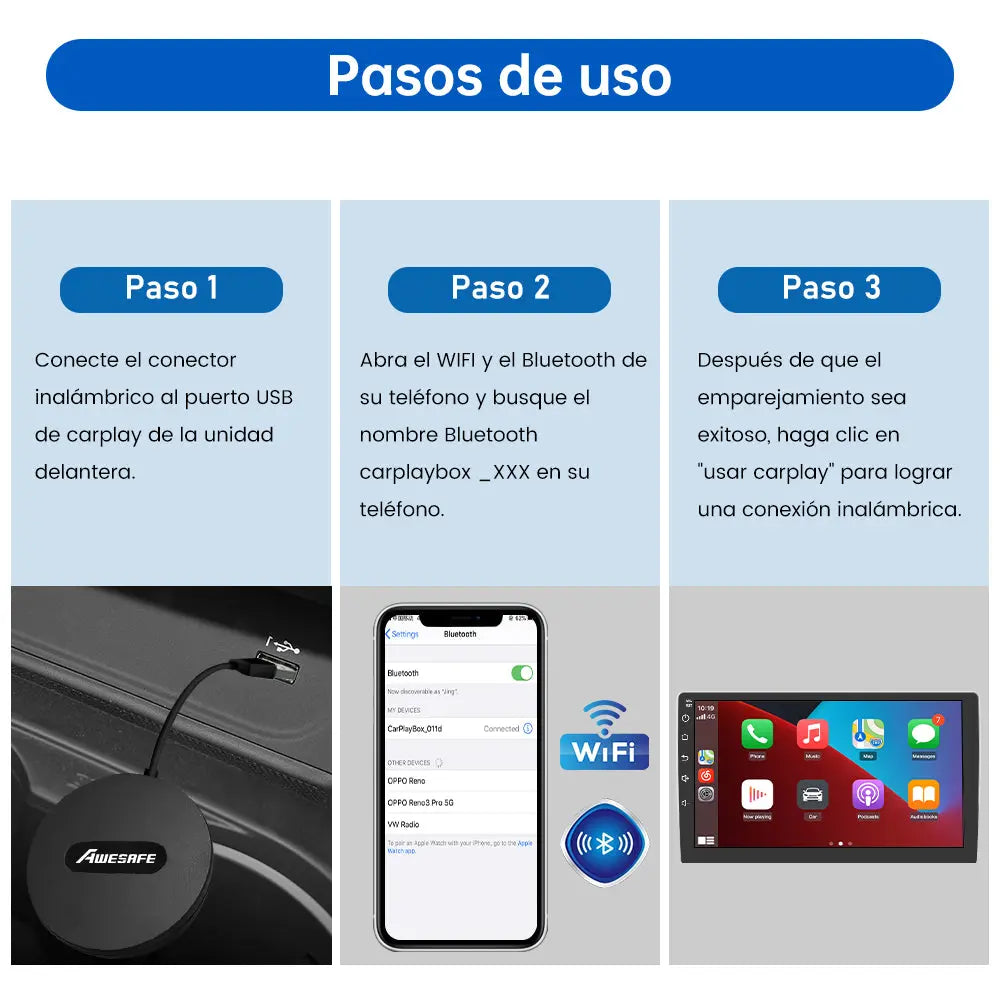 AWESAFE Adaptador Carplay Inalambrico para iPhone, para Coches Equipados con Carplay, Conexión Automática y Rápida, (Año De Producción: 2016-2023) Solo para iPhone, Bluetooth y Wifi, Negro AWESAFE