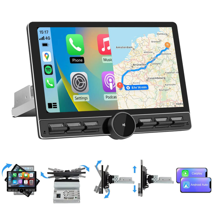 AWESAFE Android 13 2GB+ 32GB 10.6" Radio Coche 1 DIN Universal con Pantalla Táctil Inclinable y Giratoria, Autoradio Admite CarPlay/Android Auto Inalámbrico/MirrorLink/WiFi/4G/Bluetooth AWESAFE