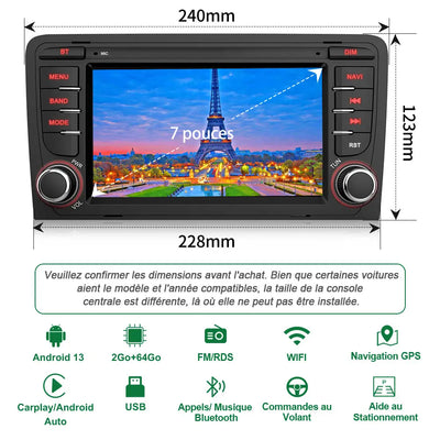 AWESAFE Android 13 Autoradio 7 pouces 2+64Go avec Caméra de Recul/Bluetooth/DSP/FM/AM/Android Auto & CarPlay sans fil - pour Audi A3/S3/RS3 2003-2012 AWESAFE