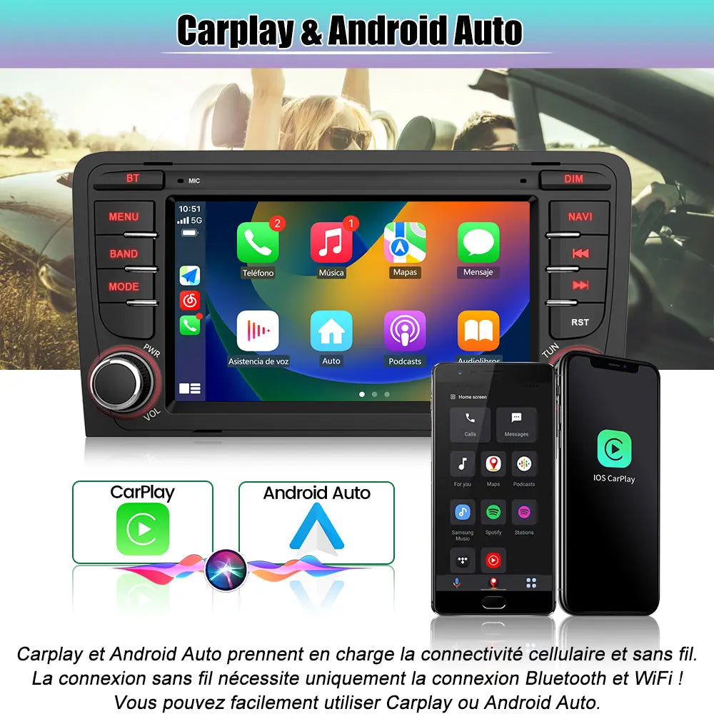 AWESAFE Android 13 Autoradio 7 pouces 2+64Go avec Caméra de Recul/Bluetooth/DSP/FM/AM/Android Auto & CarPlay sans fil - pour Audi A3/S3/RS3 2003-2012 AWESAFE