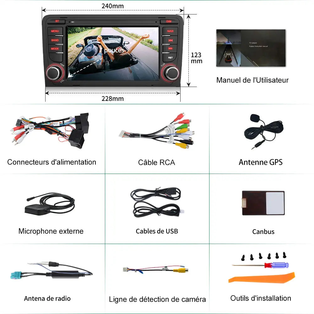 AWESAFE Android 13 Autoradio 7 pouces 2+64Go avec Caméra de Recul/Bluetooth/DSP/FM/AM/Android Auto & CarPlay sans fil - pour Audi A3/S3/RS3 2003-2012 AWESAFE