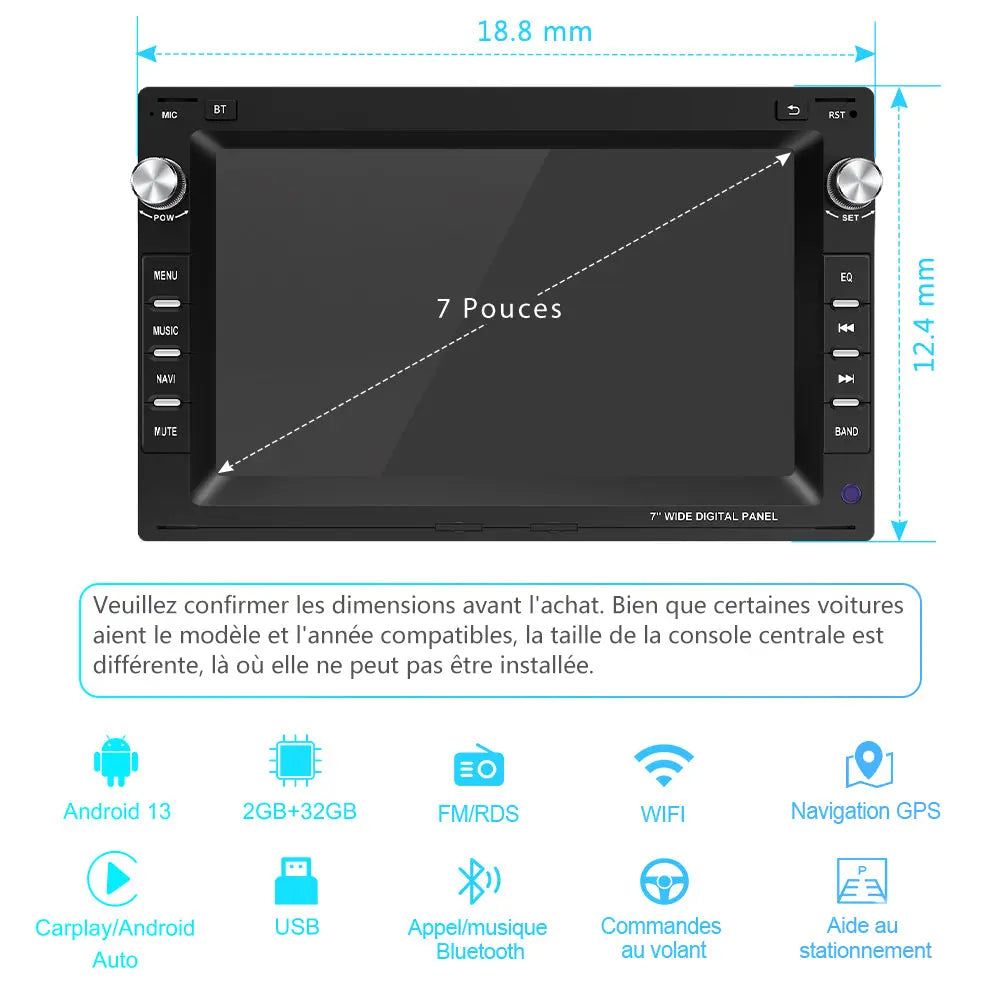 AWESAFE Android 13 Autoradio [2Go + 32Go] avec écran tactile 7 pouces pour VW Passat B5, Golf, Polo MK4, T5, Ibiza 6L, etc. Compatible Volkswagen avec Bluetooth, Wi-Fi, GPS, CarPlay et Android Auto AWESAFE SHOP