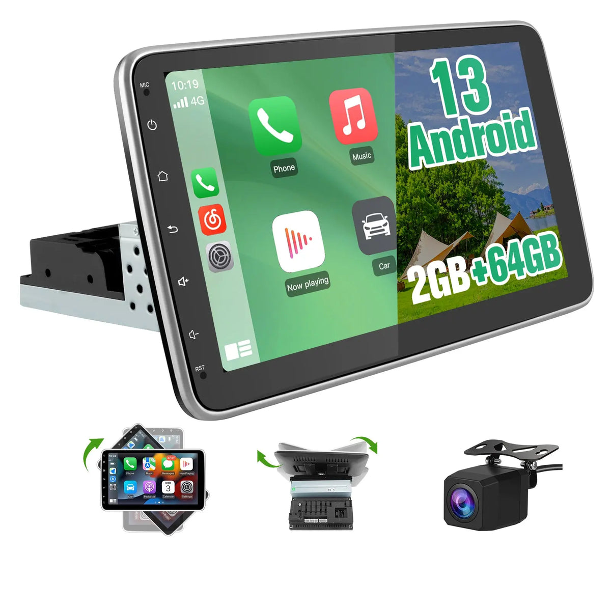 AWESAFE Android 13 [2GB+32GB] Single Din Car Stereo Rotatabl 10.1 Inch with CarPlay GPS WiFi USB AWESAFE