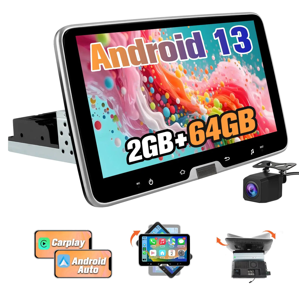 AWESAFE Android 13.0 [2GB+64GB] Radio Coche 1 DIN Universal con Pantalla Táctil Inclinable y Giratoria de 10.1 Pulgadas, Autoradio Admite CarPlay/Android Auto/MirrorLink/WiFi/GPS/Bluetooth/RDS/USB/FM AWESAFE