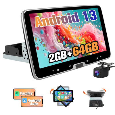 AWESAFE Android 13.0 [2GB+64GB] Radio Coche 1 DIN Universal con Pantalla Táctil Inclinable y Giratoria de 10.1 Pulgadas, Autoradio Admite CarPlay/Android Auto/MirrorLink/WiFi/GPS/Bluetooth/RDS/USB/FM AWESAFE