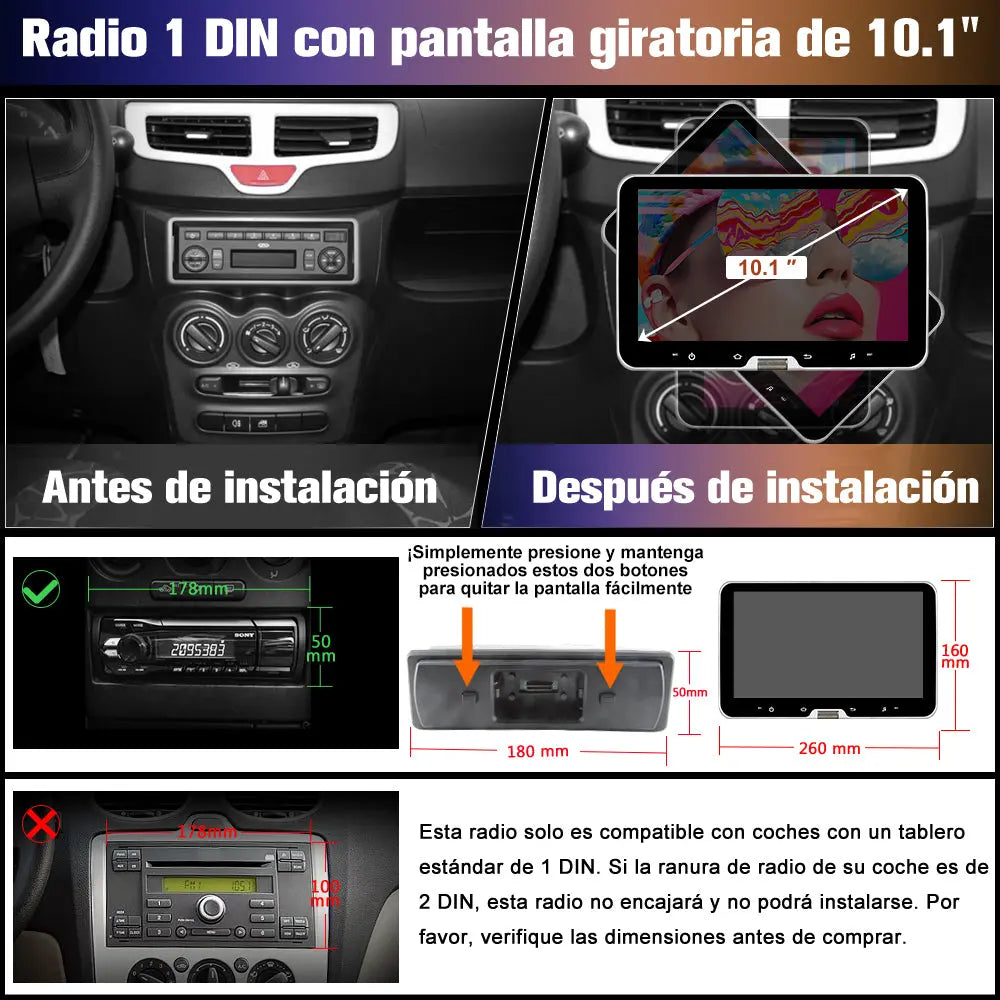 AWESAFE Android 13.0 [2GB+64GB] Radio Coche 1 DIN Universal con Pantalla Táctil Inclinable y Giratoria de 10.1 Pulgadas, Autoradio Admite CarPlay/Android Auto/MirrorLink/WiFi/GPS/Bluetooth/RDS/USB/FM AWESAFE
