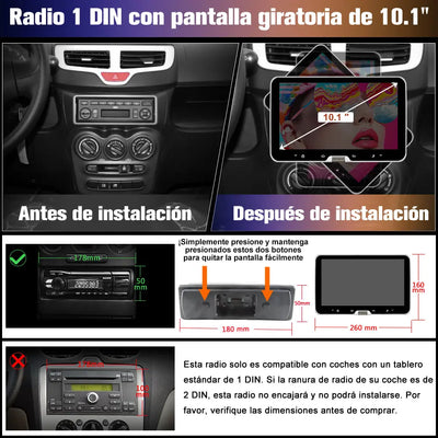 AWESAFE Android 13.0 [2GB+64GB] Radio Coche 1 DIN Universal con Pantalla Táctil Inclinable y Giratoria de 10.1 Pulgadas, Autoradio Admite CarPlay/Android Auto/MirrorLink/WiFi/GPS/Bluetooth/RDS/USB/FM AWESAFE