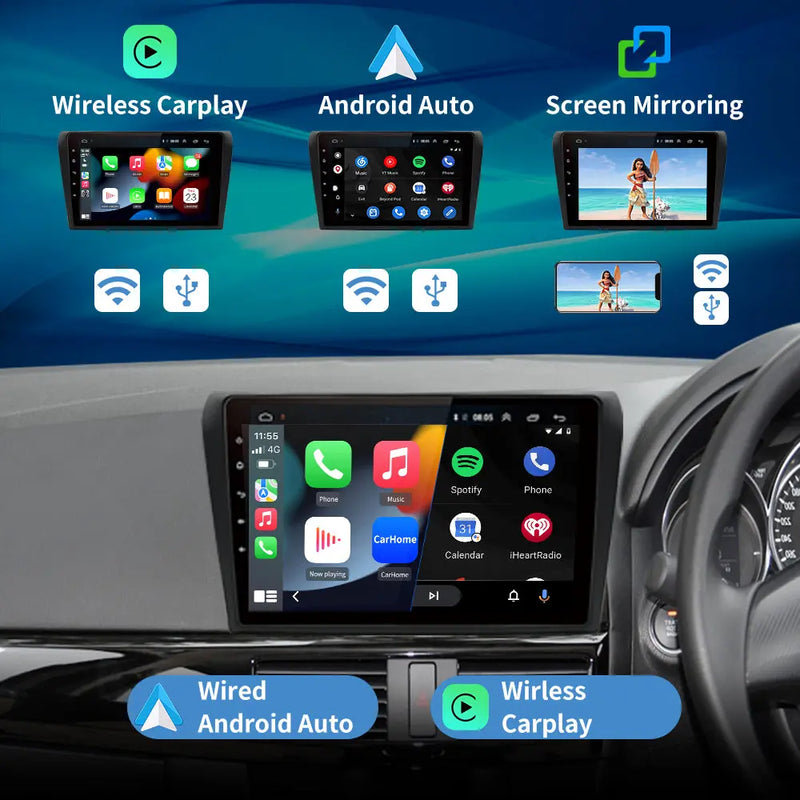 AWESAFE Android Autoradio für Mazda 3 2003-2009 Android 12 Radio mit Navigation Carplay Android Auto Bluetooth Unterstützt Bluetooth FM DAB+ WiFi WLAN USB SD AWESAFE