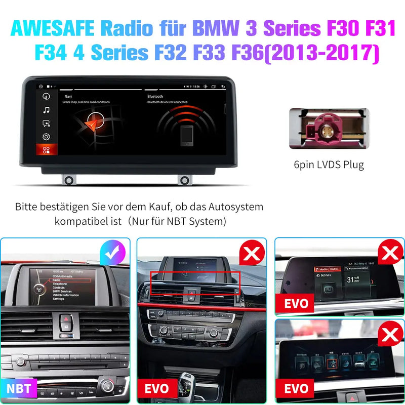 AWESAFE Android Radio für BMW 1 Serie F20 F21 3 Serie F30 F31 F34 4 Serie F32 F33 F36 NBT System Android 12 8core 4+64 GB mit GPS Navigation und iDrive System CarPlay Android Auto AWESAFE