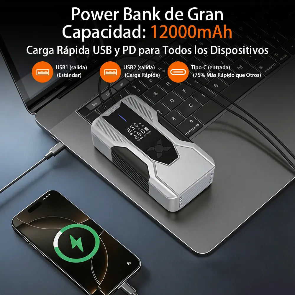 AWESAFE Arrancador de Batería Portátil con Compresor de Aire Integrado, Power Bank de 12000 mAh de Alta Potencia para Emergencias Automotrices AWESAFE