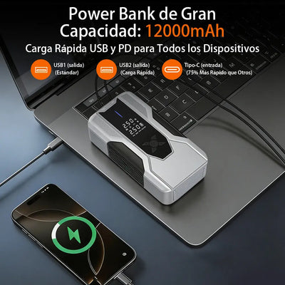 AWESAFE Arrancador de Batería Portátil con Compresor de Aire Integrado, Power Bank de 12000 mAh de Alta Potencia para Emergencias Automotrices AWESAFE