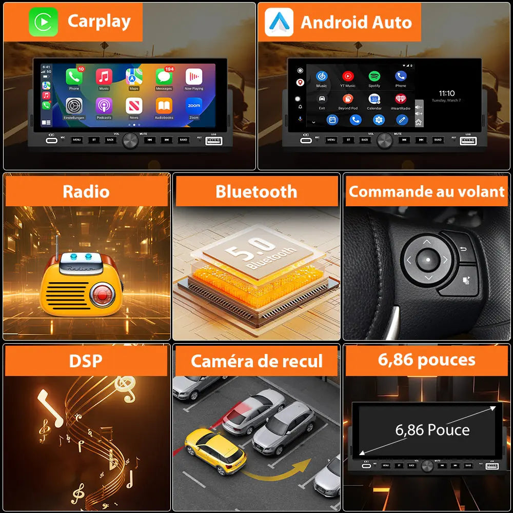 AWESAFE Autoradio 1 DIN avec Écran Tactile HD 6,86 pouces,CarPlay & Android Auto sans Fil Bluetooth FM USB Compatible Caméra de Recul AWESAFE