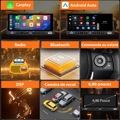 AWESAFE Autoradio 1 DIN avec Écran Tactile HD 6,86 pouces,CarPlay & Android Auto sans Fil Bluetooth FM USB Compatible Caméra de Recul AWESAFE