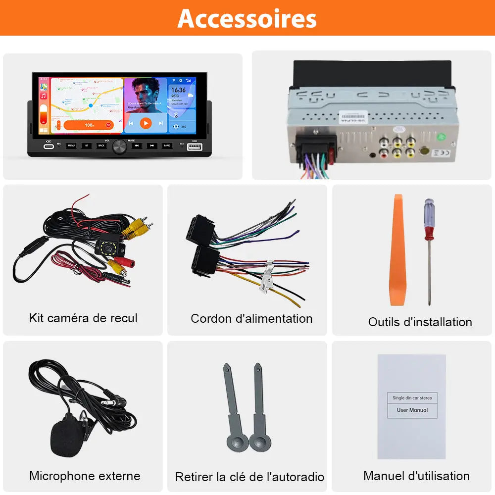 AWESAFE Autoradio 1 DIN avec Écran Tactile HD 6,86 pouces,CarPlay & Android Auto sans Fil Bluetooth FM USB Compatible Caméra de Recul AWESAFE
