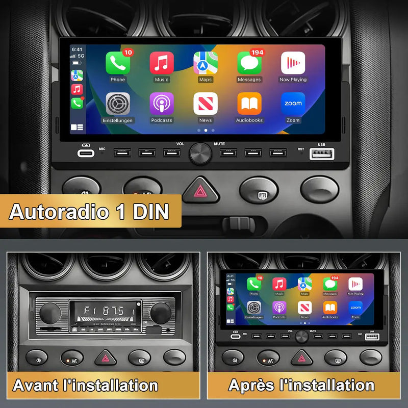 AWESAFE Autoradio 1 DIN avec Écran Tactile HD 6,86" ,CarPlay & Android Auto sans Fil Bluetooth FM Caméra et microphone AWESAFE