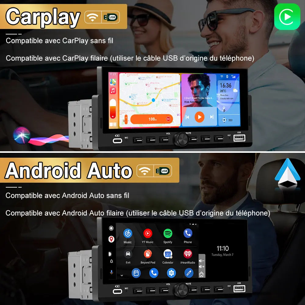 AWESAFE Autoradio 1 DIN avec Écran Tactile HD 6,86" ,CarPlay & Android Auto sans Fil Bluetooth FM Caméra et microphone AWESAFE