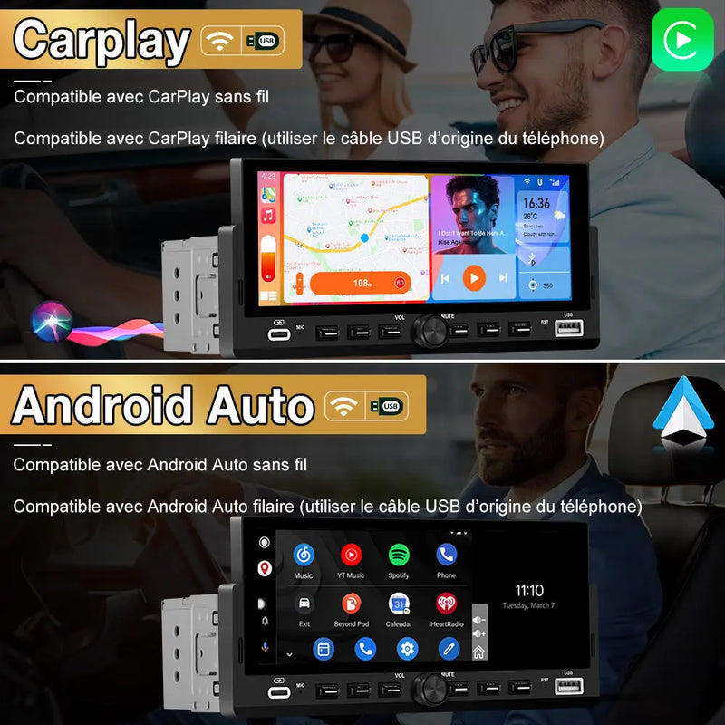 AWESAFE Autoradio 1 DIN avec Écran Tactile HD 6,86" ,CarPlay & Android Auto sans Fil Bluetooth FM Caméra et microphone AWESAFE
