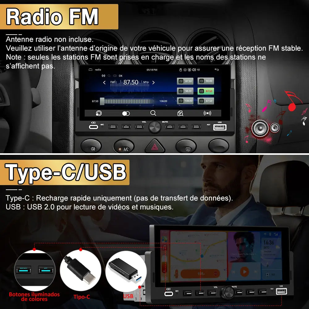 AWESAFE Autoradio 1 DIN avec Écran Tactile HD 6,86" ,CarPlay & Android Auto sans Fil Bluetooth FM Caméra et microphone AWESAFE