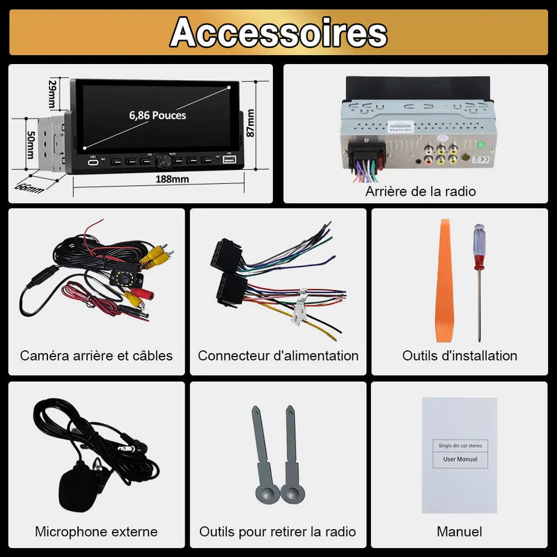 AWESAFE Autoradio 1 DIN avec Écran Tactile HD 6,86" ,CarPlay & Android Auto sans Fil Bluetooth FM Caméra et microphone AWESAFE