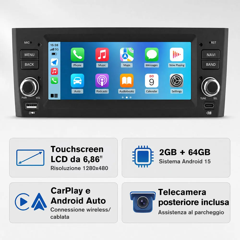 AWESAFE Autoradio 1 DIN per Fiat Grande Punto (2005-2012) 6,86" Android 15 Car Radio con Bluetooth Wireless CarPlay Android Auto WIFI GPS FM RDS Comandi al volante Telecamera posteriore (2GB+64GB) AWESAFE