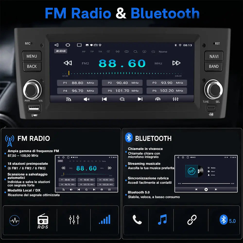AWESAFE Autoradio 1 DIN per Fiat Grande Punto (2005-2012) 6,86" Android 15 Car Radio con Bluetooth Wireless CarPlay Android Auto WIFI GPS FM RDS Comandi al volante Telecamera posteriore (2GB+64GB) AWESAFE