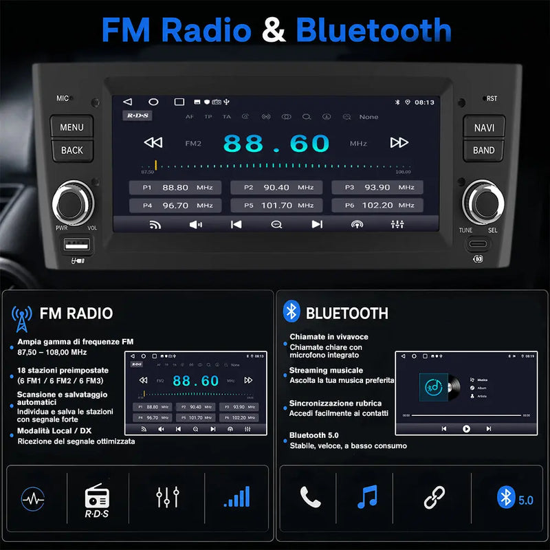 AWESAFE Autoradio 1 DIN per Fiat Grande Punto (2005-2012) 6,86" Android 15 Car Radio con Bluetooth Wireless CarPlay Android Auto WIFI GPS FM RDS Comandi al volante Telecamera posteriore (2GB+64GB) AWESAFE
