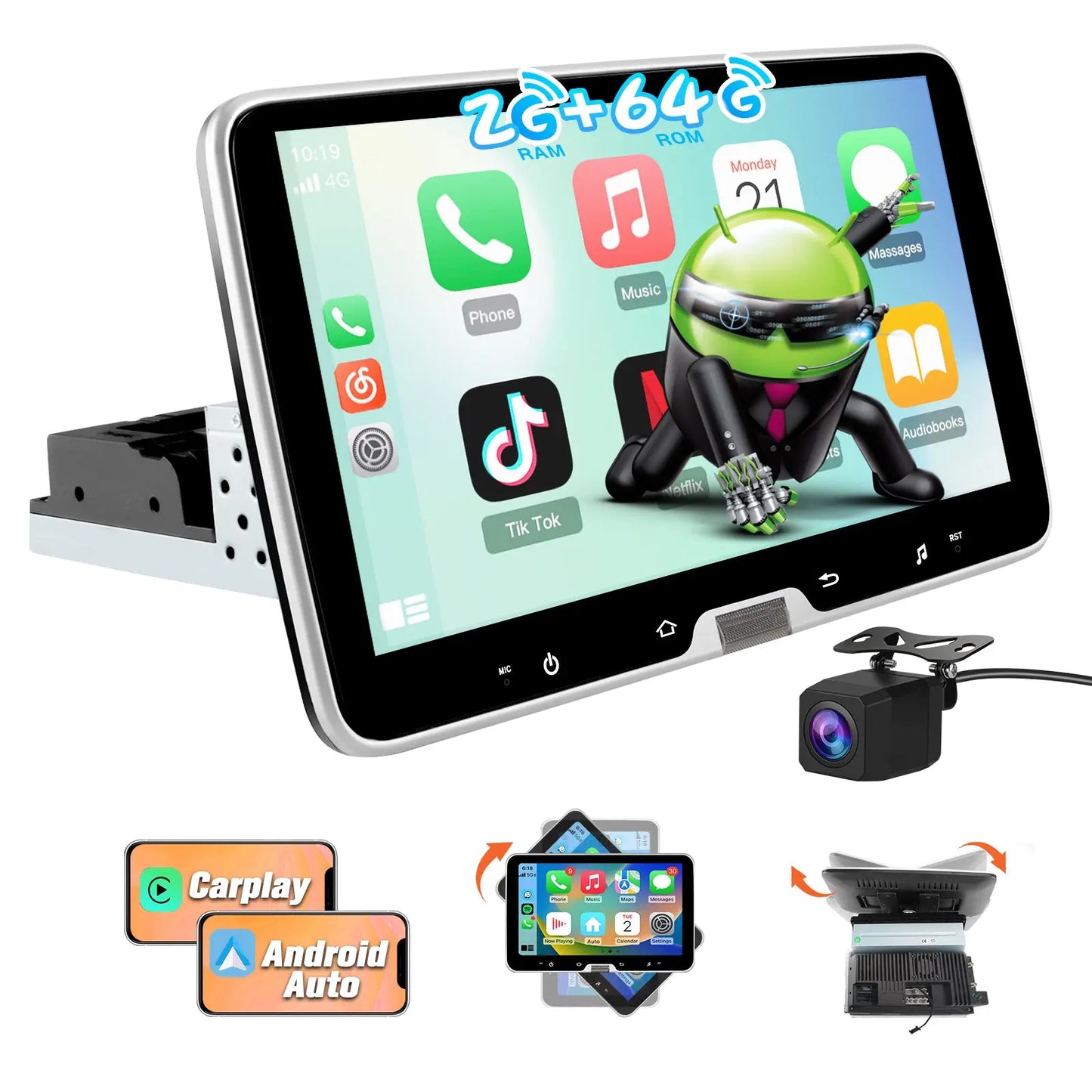 AWESAFE Autoradio 1 Din Universel Android 13 Écran Tactile Amovible 10,1 Pouces 2Go+64Go CarPlay & Android Auto Caméra de Recul  Bluetooth WiFi FM RDS Mirror Link Autoradio Multimédia AWESAFE