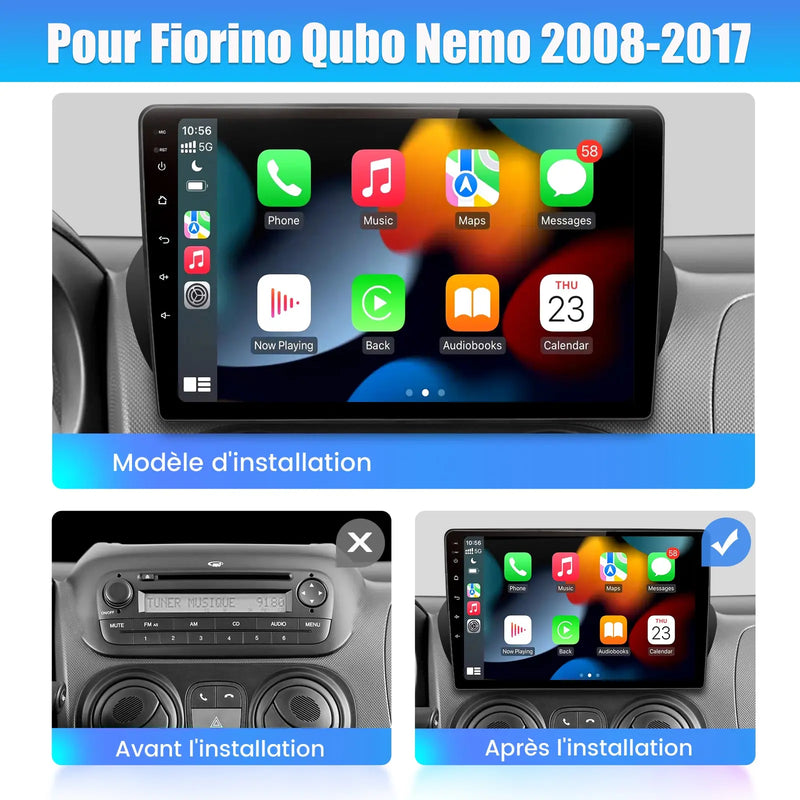 AWESAFE Autoradio 10 pouces Android 13 4G 4+64 Go avec BT/DSP/Android Auto & CarPlay sans fil pour Fiorino Qubo Nemo (2008-2017) AWESAFE