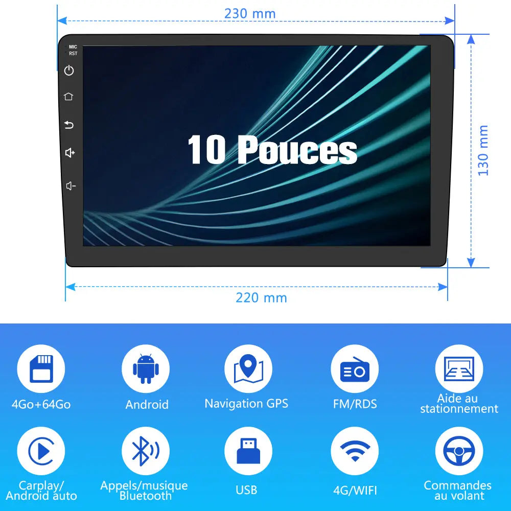 AWESAFE Autoradio 10 pouces Android 13 4G 4+64 Go avec BT/DSP/Android Auto & CarPlay sans fil pour Fiorino Qubo Nemo (2008-2017) AWESAFE