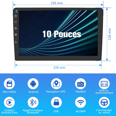 AWESAFE Autoradio 10 pouces Android 13 4G 4+64 Go avec BT/DSP/Android Auto & CarPlay sans fil pour Fiorino Qubo Nemo (2008-2017) AWESAFE