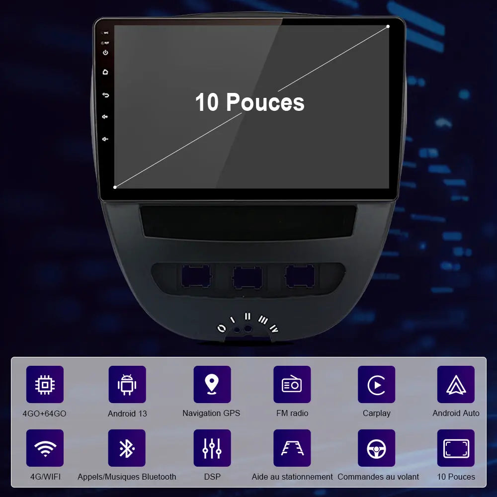 AWESAFE Autoradio 10.1 pouces Android 13 4G 4+64 Go avec BT/DSP - AA & CarPlay sans fil - pour Peugeot 107, Toyota Aygo, Citroën C1 (2005-2014) AWESAFE