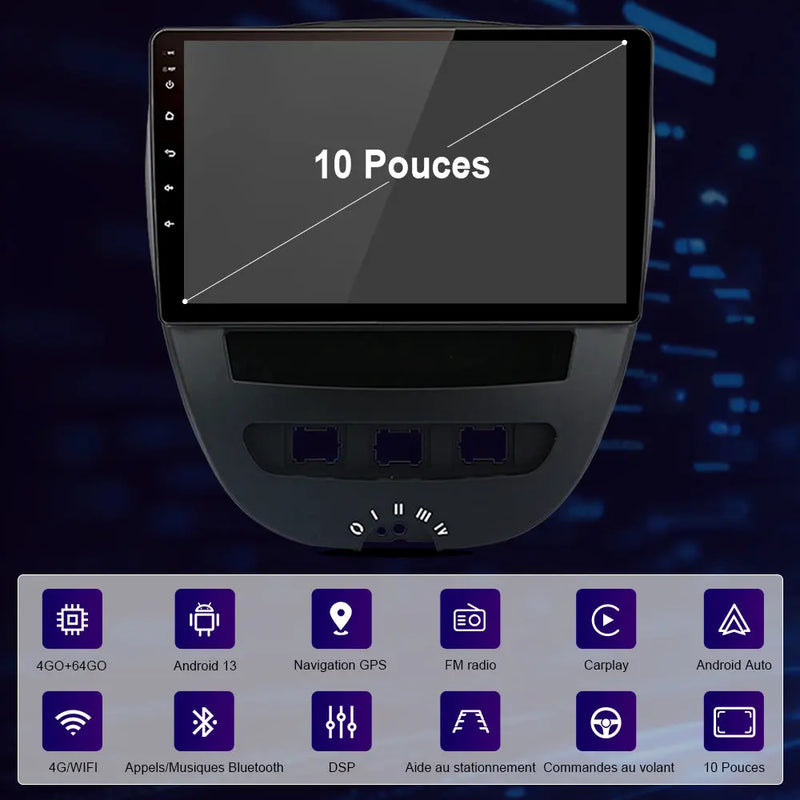 AWESAFE Autoradio 10.1 pouces Android 13 4G 4+64 Go avec BT/DSP - AA & CarPlay sans fil - pour Peugeot 107, Toyota Aygo, Citroën C1 (2005-2014) AWESAFE