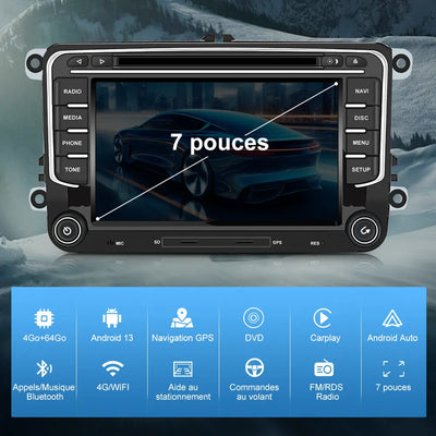 AWESAFE Autoradio 7 Pouces Android 13 - 4+64 Go 4G, Bluetooth/DVD, Android Auto & CarPlay sans fil - pour Volkswagen Magotan AWESAFE