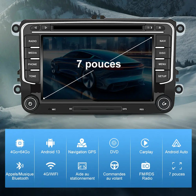 AWESAFE Autoradio 7 Pouces Android 13 - 4+64 Go 4G, Bluetooth/DVD, Android Auto & CarPlay sans fil - pour Volkswagen Magotan AWESAFE