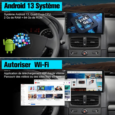 AWESAFE Autoradio 7 pouces Android 13 2+64Go, Bluetooth, GPS, Android Auto et CarPlay sans fil pour Renault Clio Campus 2009 AWESAFE