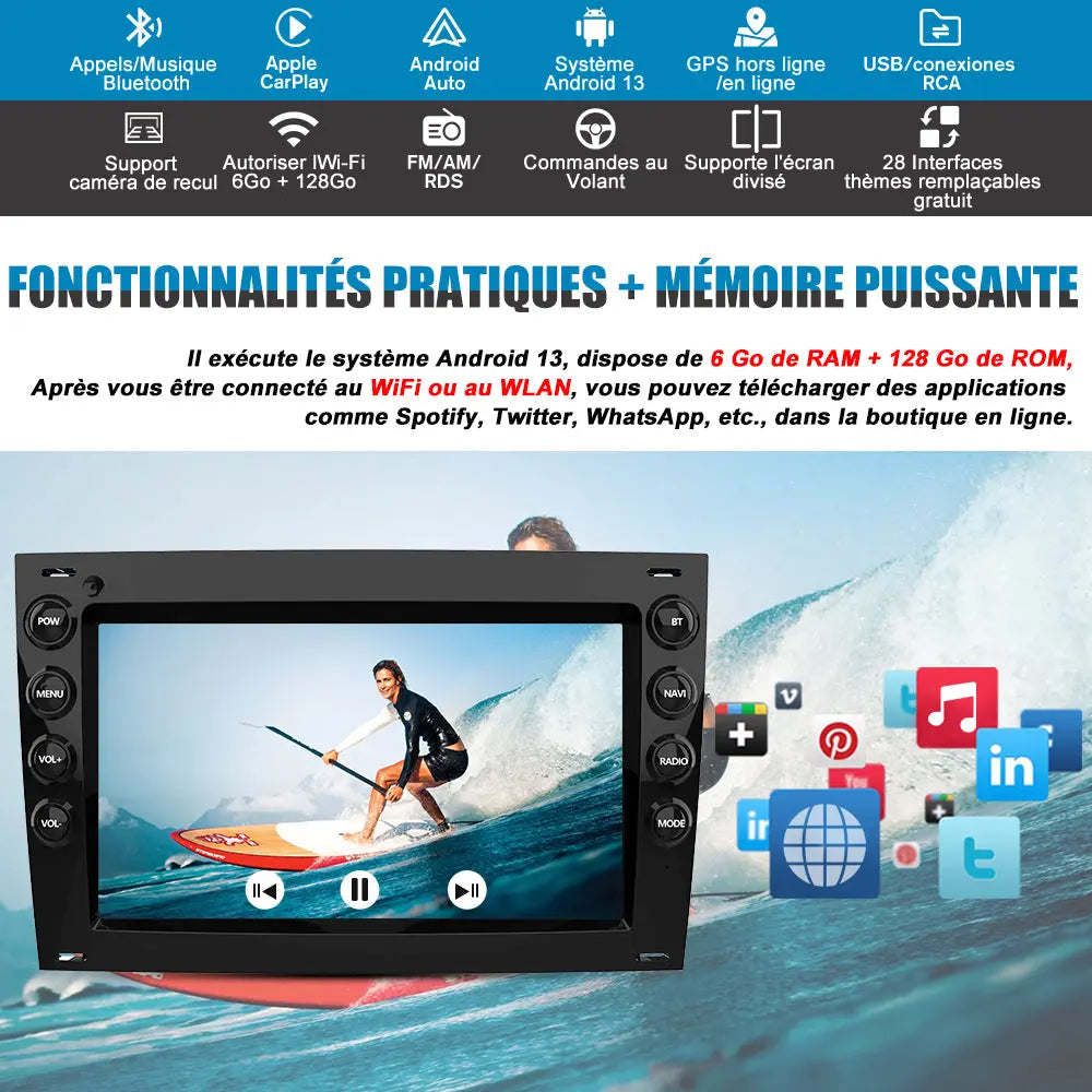 AWESAFE Autoradio 7 pouces Android 13 4G 6+128 Go avec Bluetooth/DSP/GPS/Android Auto & CarPlay sans fil - pour Renault Megane 2 AWESAFE