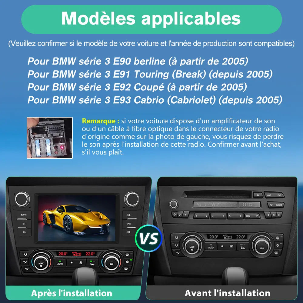 AWESAFE Autoradio 7 pouces Android 13 6+128 Go avec Bluetooth/DSP/GPS/Android Auto & CarPlay sans fil - pour BMW E90 E91 E92 E93 AWESAFE