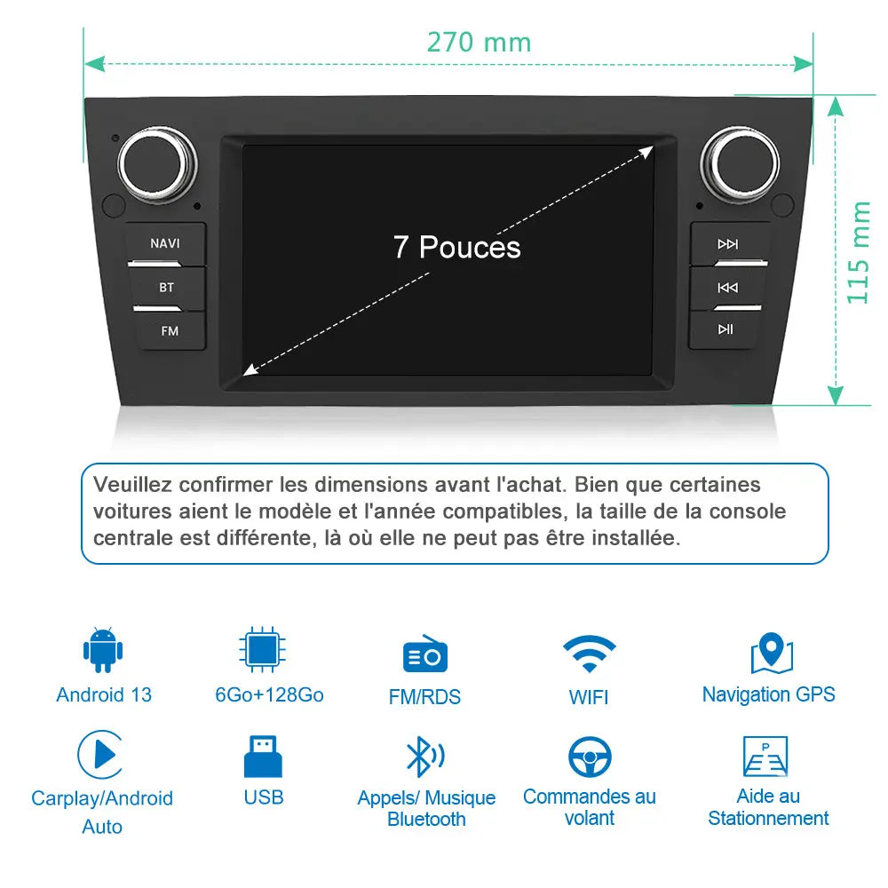 AWESAFE Autoradio 7 pouces Android 13 6+128 Go avec Bluetooth/DSP/GPS/Android Auto & CarPlay sans fil - pour BMW E90 E91 E92 E93 AWESAFE