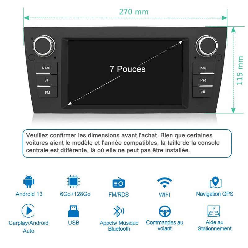 AWESAFE Autoradio 7 pouces Android 13 6+128 Go avec Bluetooth/DSP/GPS/Android Auto & CarPlay sans fil - pour BMW E90 E91 E92 E93 AWESAFE