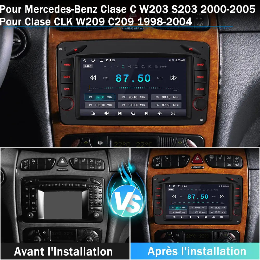 AWESAFE Autoradio 7 pouces Android 13 6+128 Go avec Bluetooth/DSP/GPS/Android Auto & CarPlay sans fil - pour Pour Mercedes-Benz Clase C W203/S203 & Clase CLK W209/C209 AWESAFE